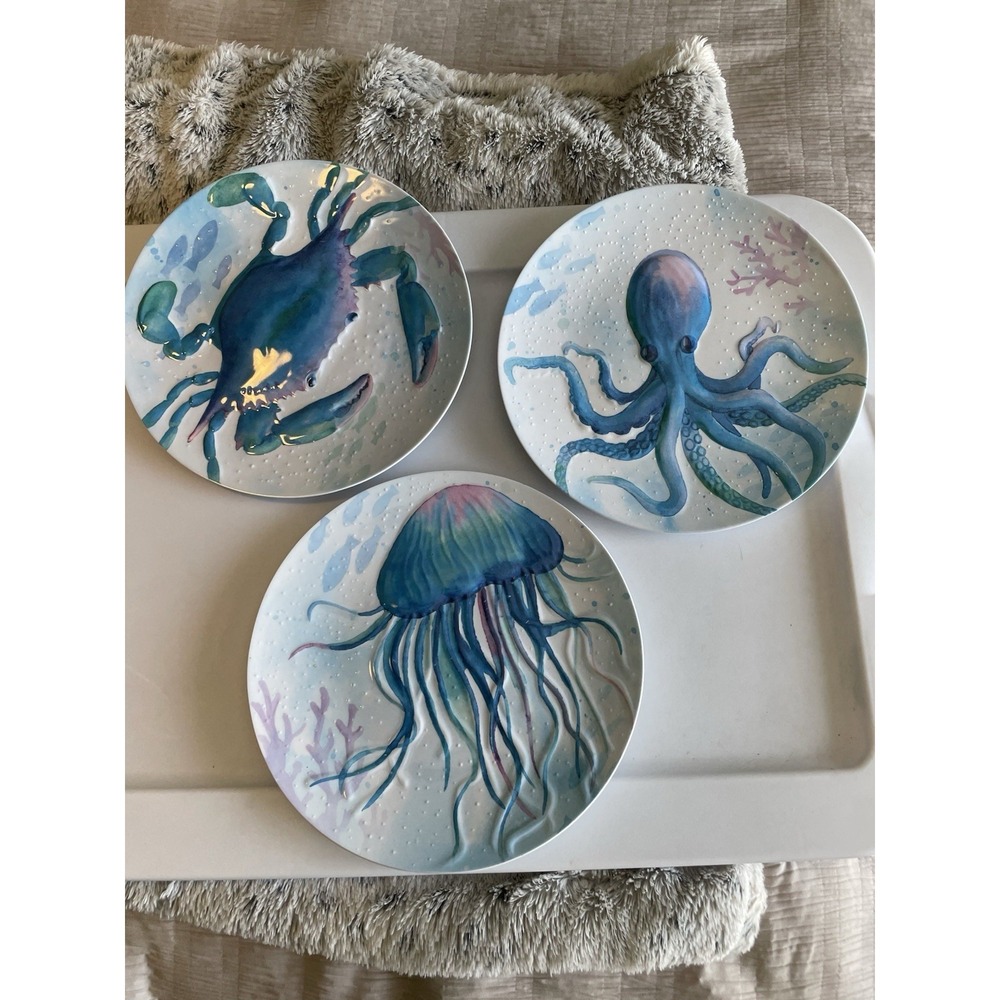 Pier 1 Set Of Three Melamine Sea‎ Life Textured Plates Coastal Crab Octopus 9"